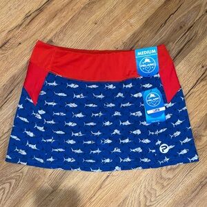 Pelagic Women's Medium Swim Skort with Blue and Red Fish Design